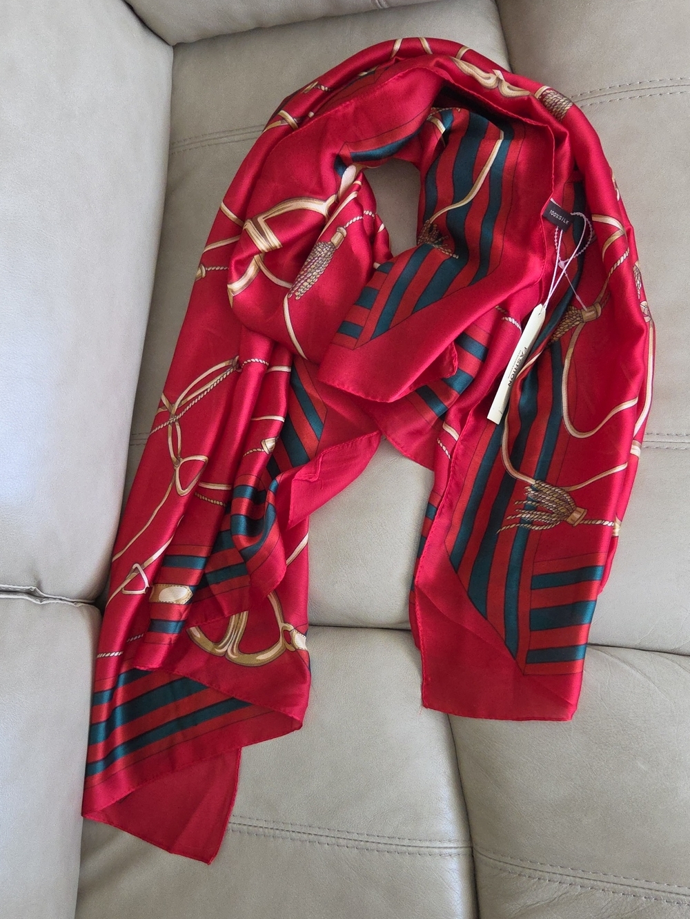 Red Patterned 100% Silk Scarf with Gold Chain Motif 72 X 36 Inches
